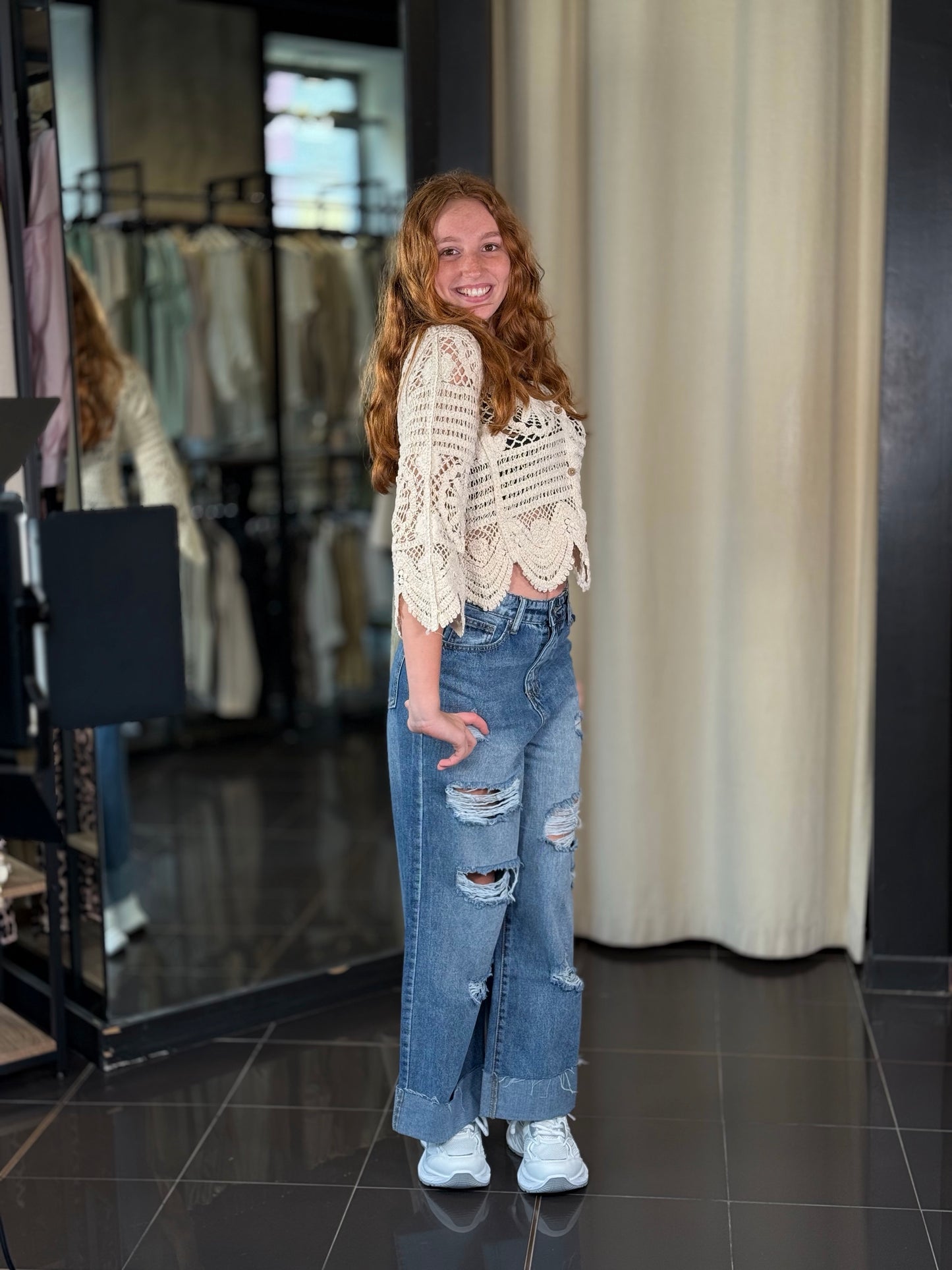 Cardigan crop uncinetto sabbia in taglia unica 319