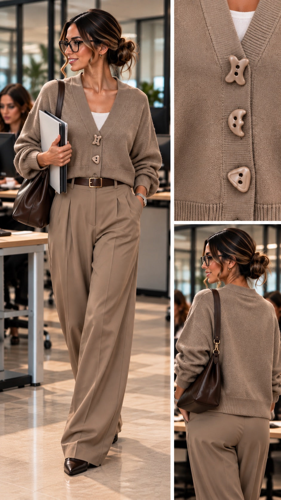 Cardigan pietra con bottoni geometrici in taglia unica