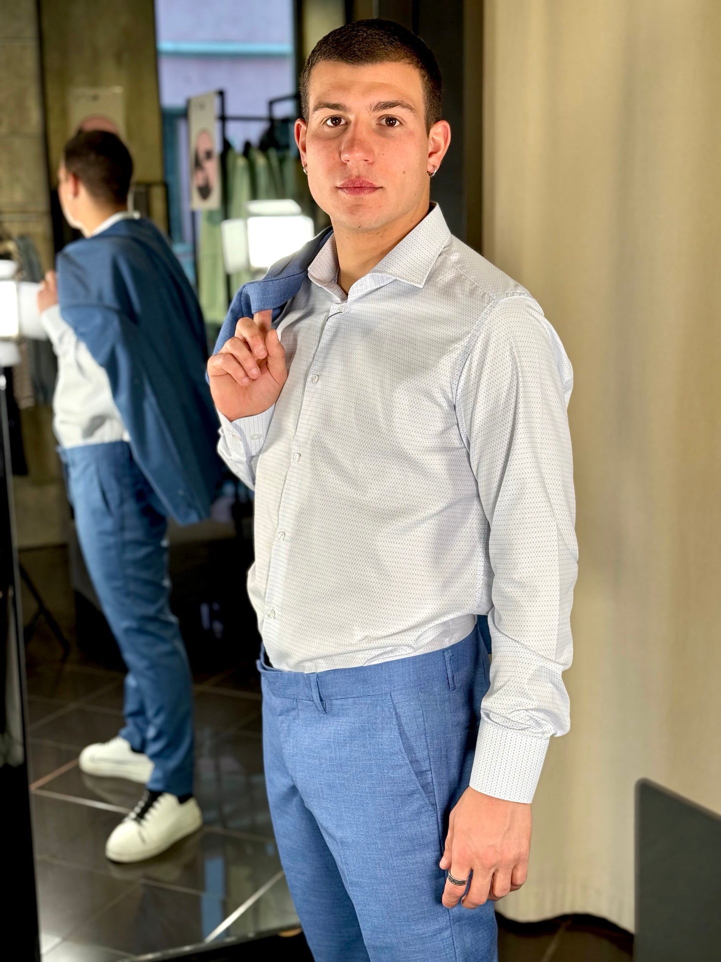 Camicia bianca con micro fantasia azzurra 170