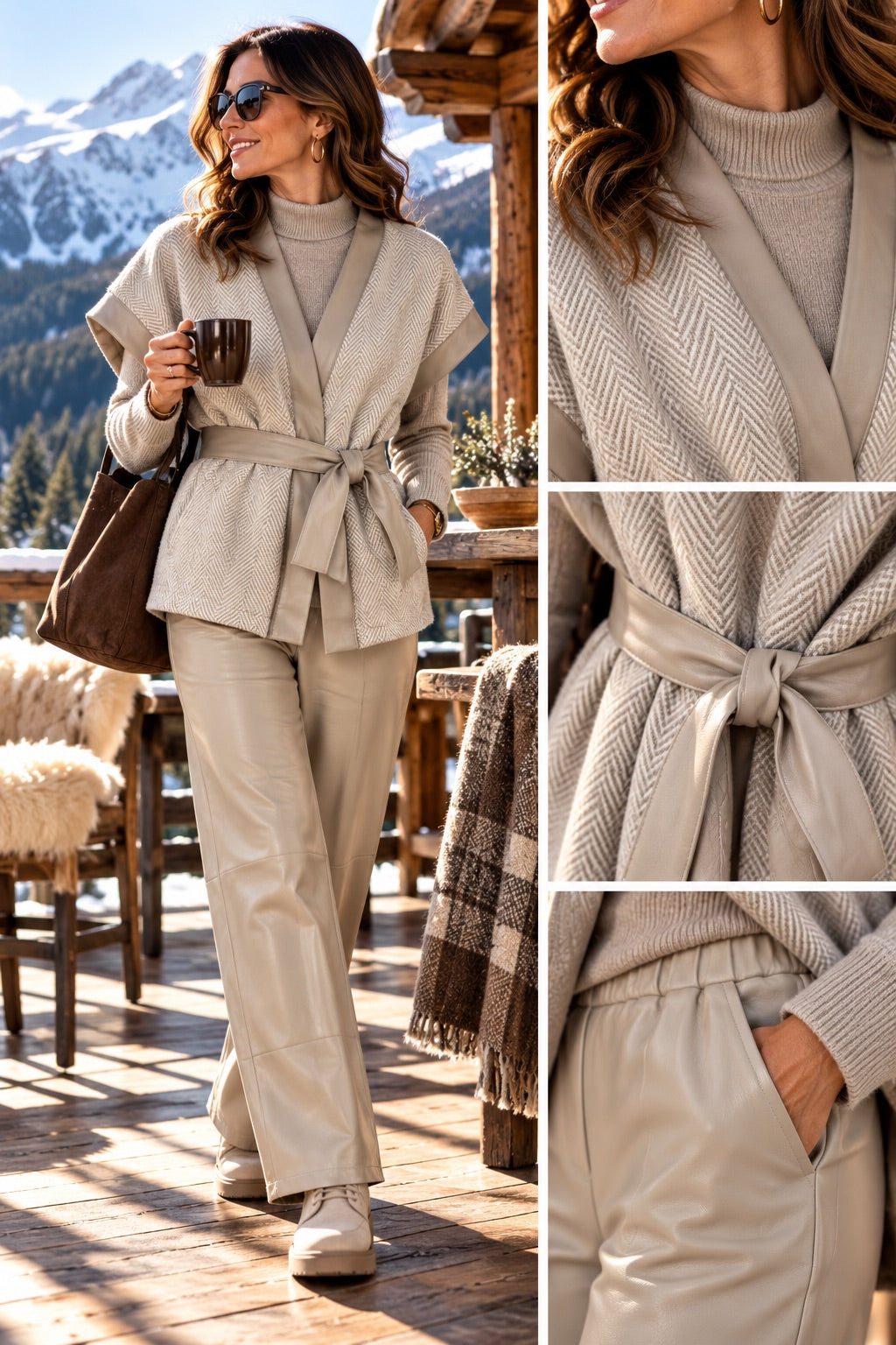 Completo Gilet, maglioncino a lupetto e pantalone in similpelle sabbia in taglia unica
