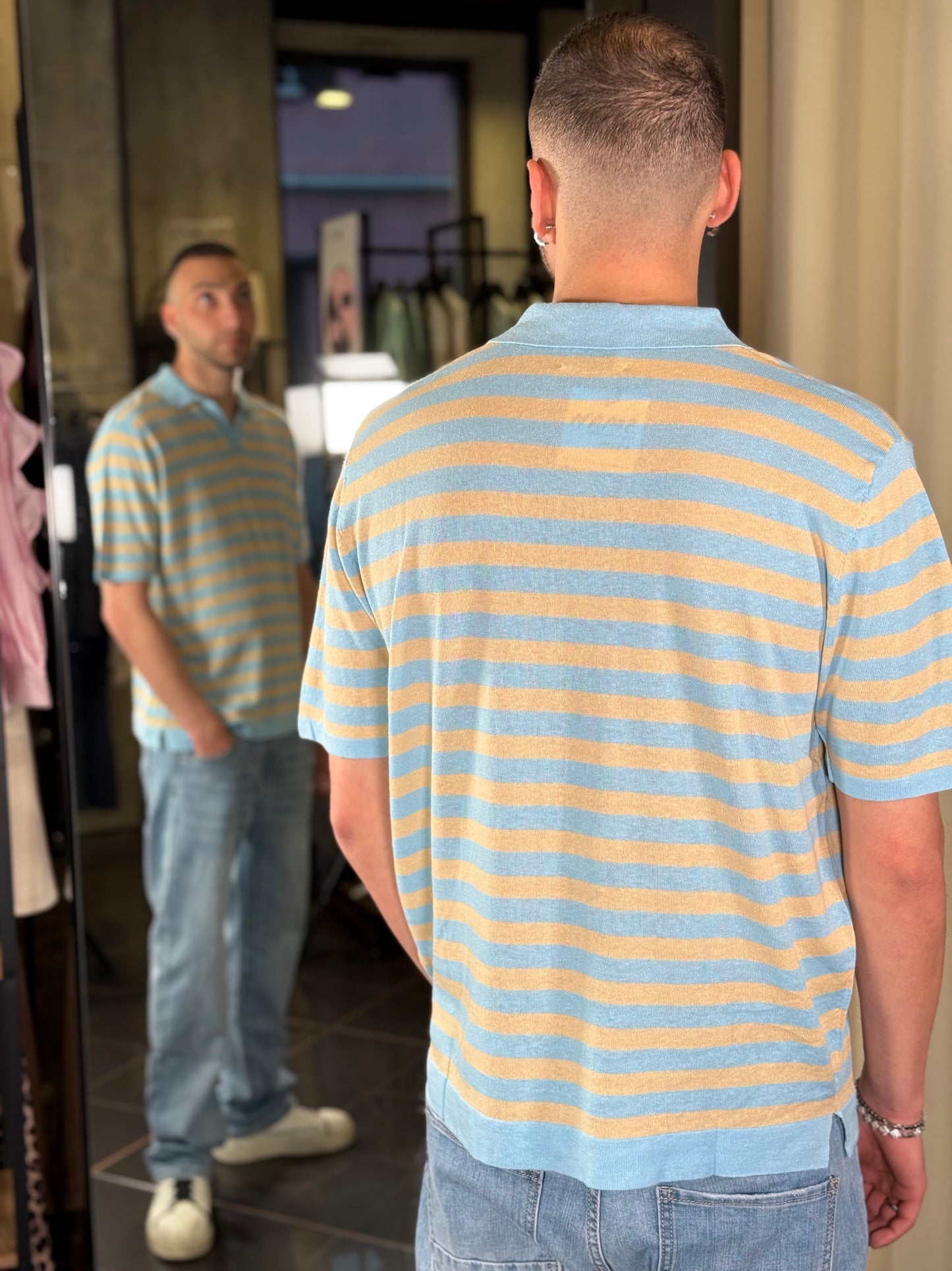 Polo in maglina a righe azzurre e beige 441