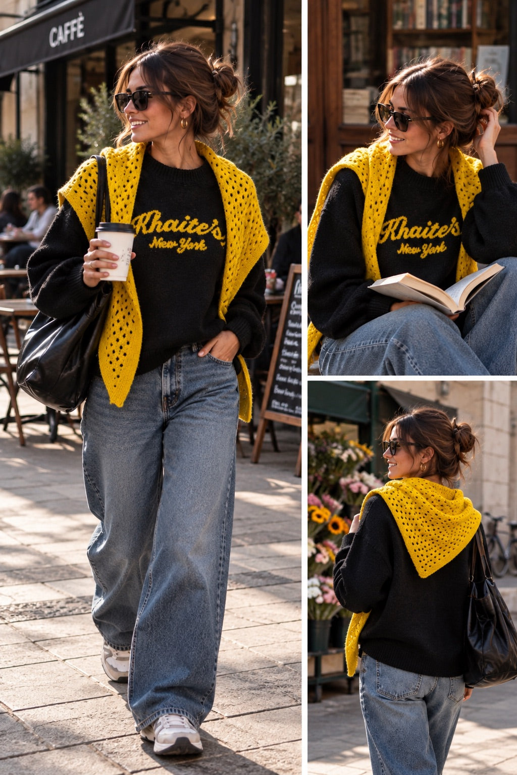 Maglione nero con foulard tricot giallo in taglia unica
