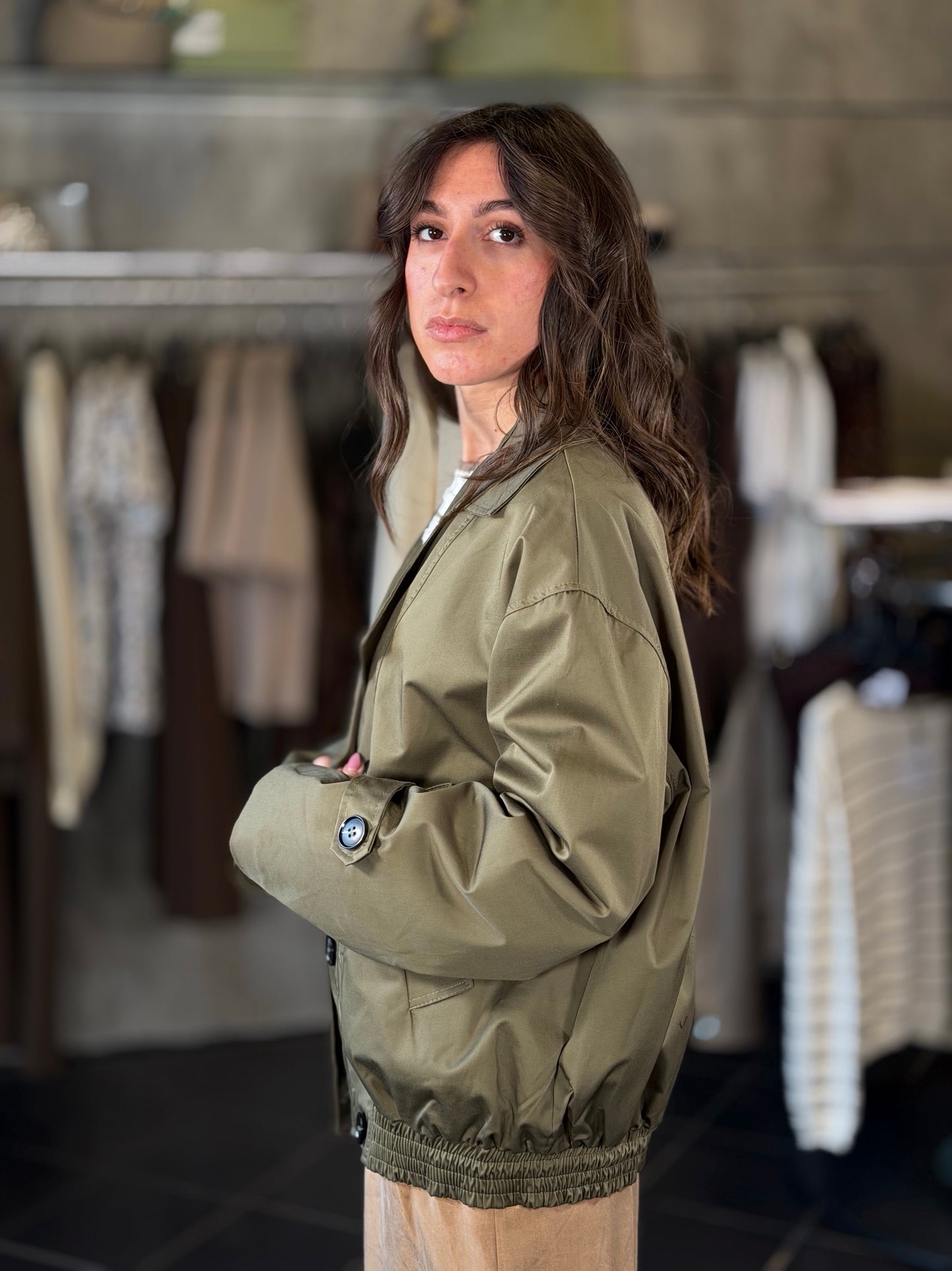 Bomber a doppio petto verde militare in taglia unica 2223