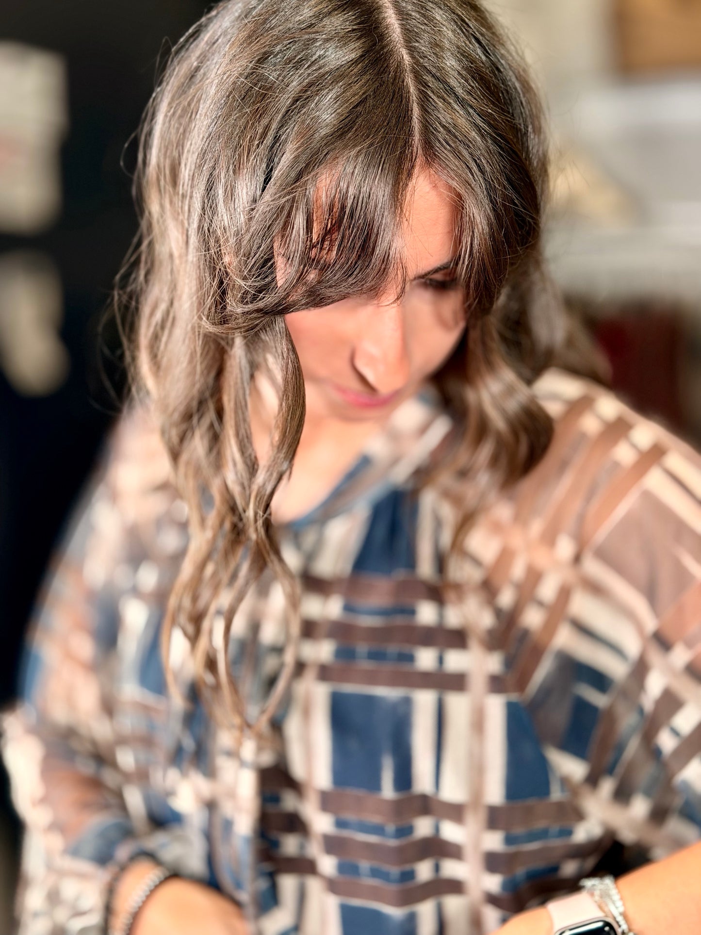 Blusa stampa geometrica blu e beige in taglia unica 2203