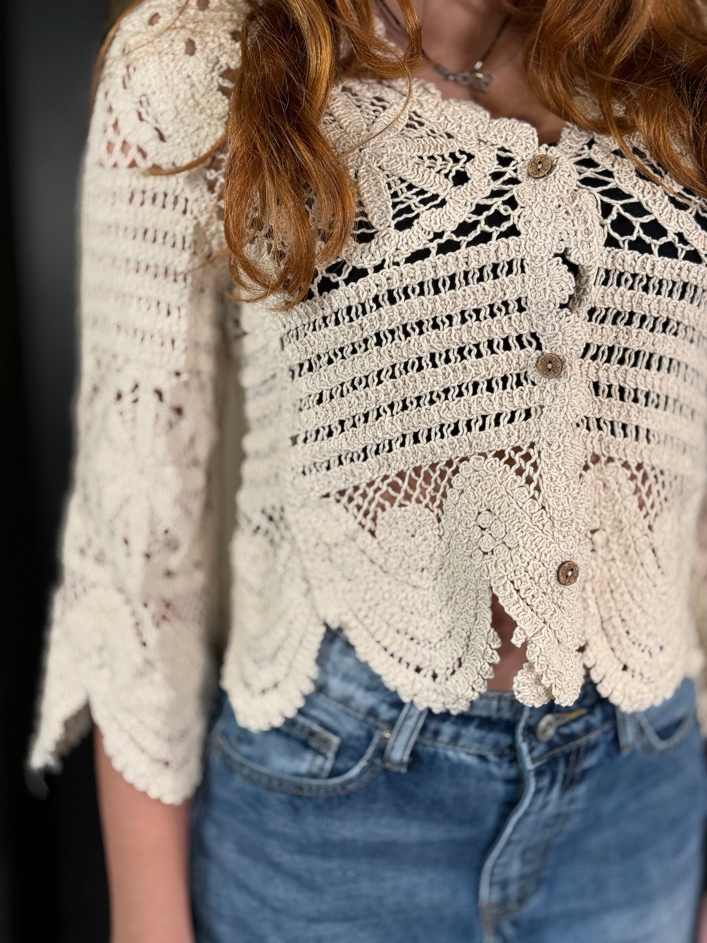 Cardigan crop uncinetto sabbia in taglia unica 319