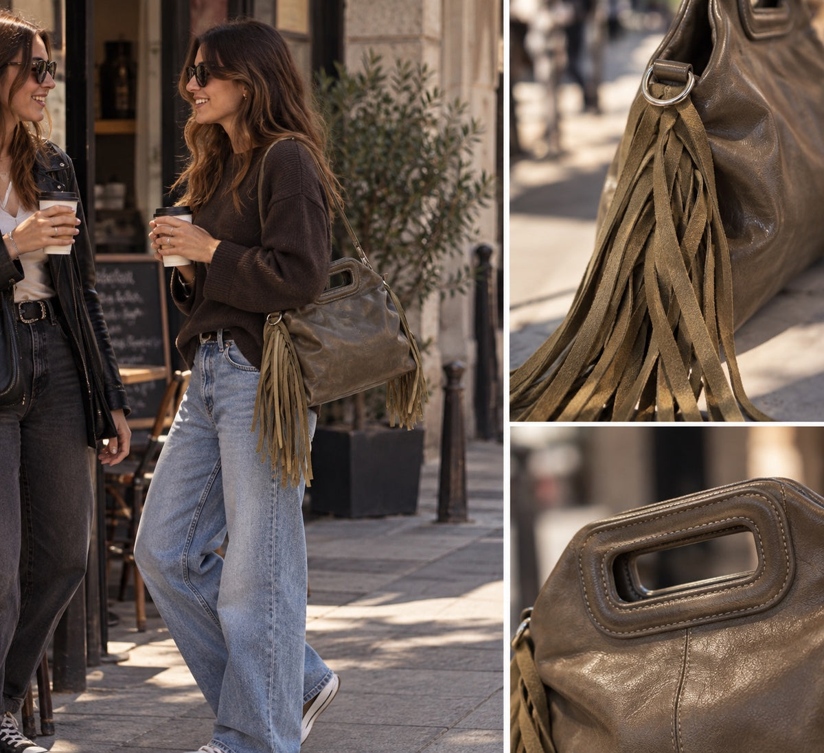 Mini bag in similpelle taupe con frange e tracolla all’interno