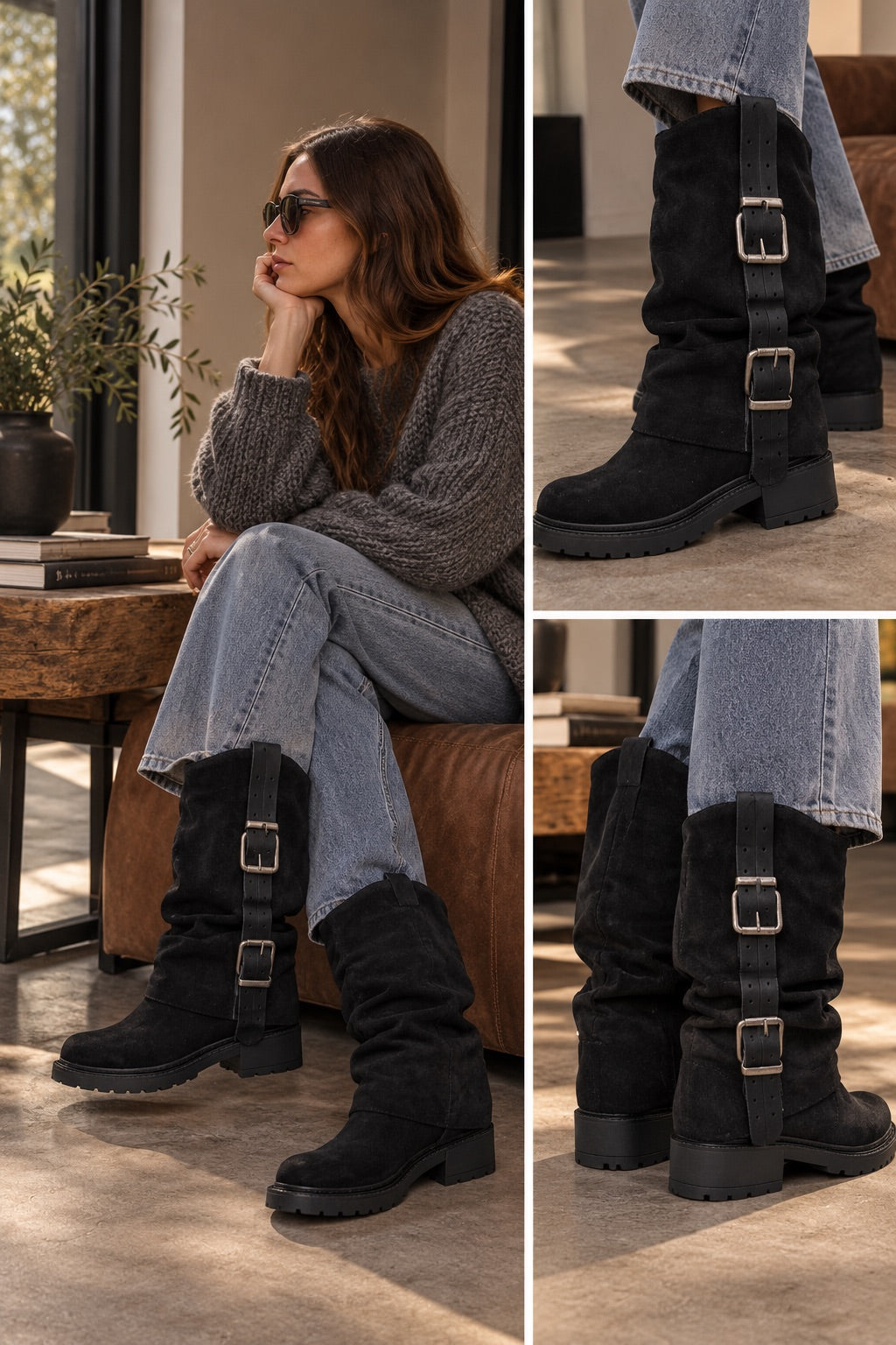 Biker in suede nero con fibbie