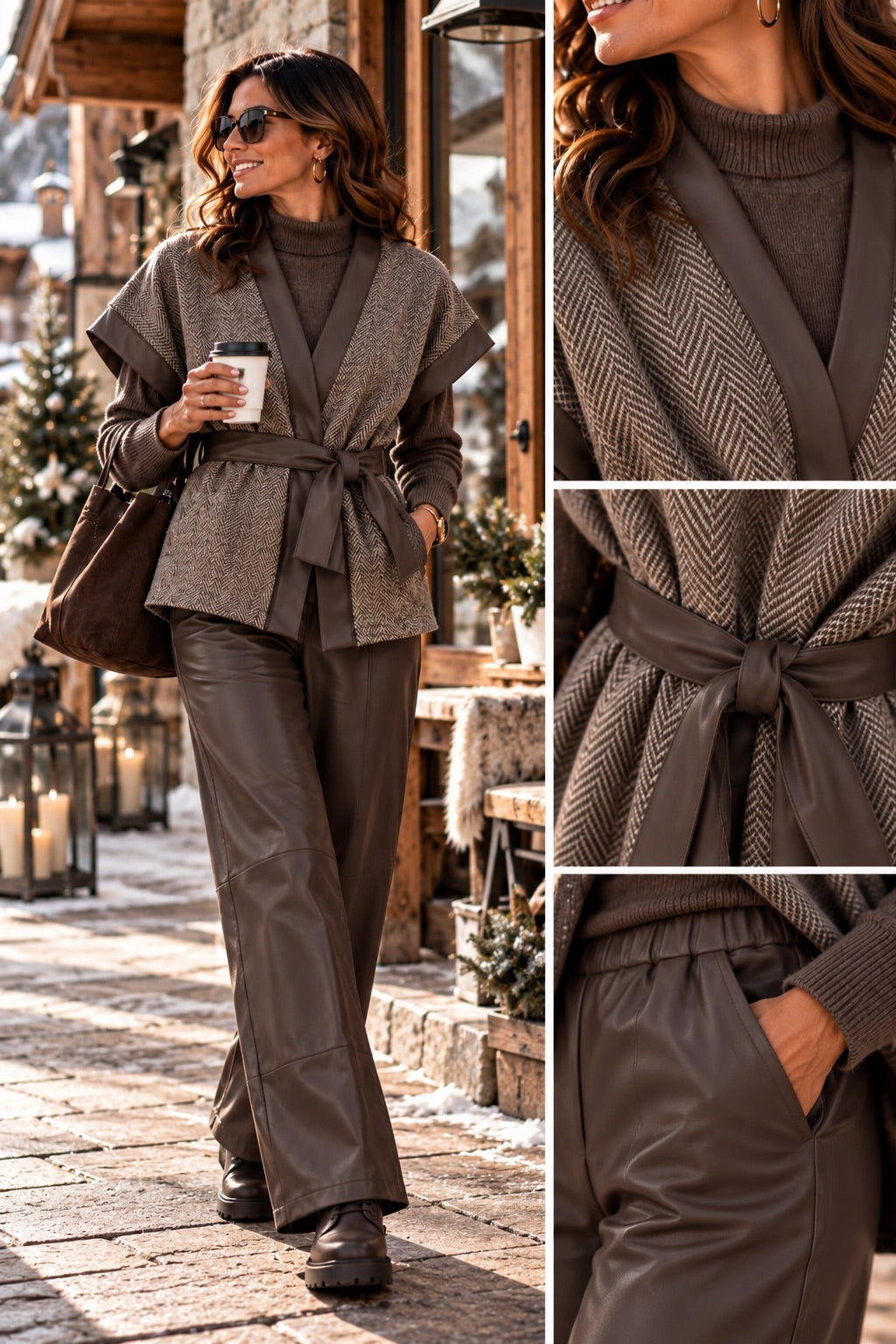 Completo Gilet, maglioncino a lupetto e pantalone in similpelle marrone in taglia unica