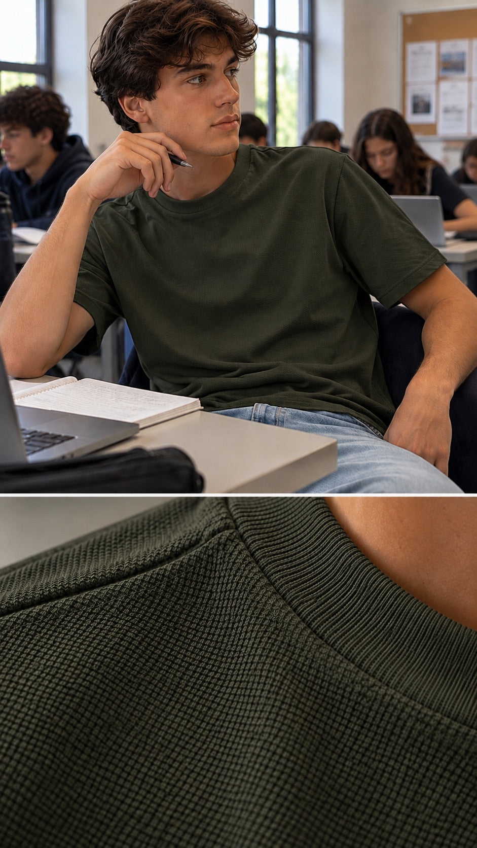 T-shirt verde oliva in cotone operato