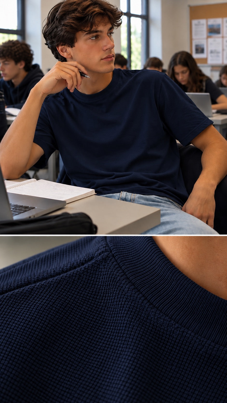 T-shirt blu in cotone operato