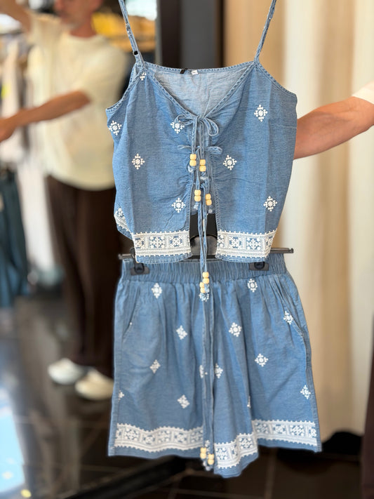 Completo effetto denim (shorts + top) in taglia unica 2818