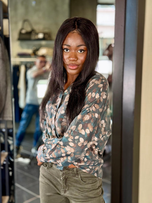 Camicia collo coreana stampa foliage ottanio in taglia unica 2186