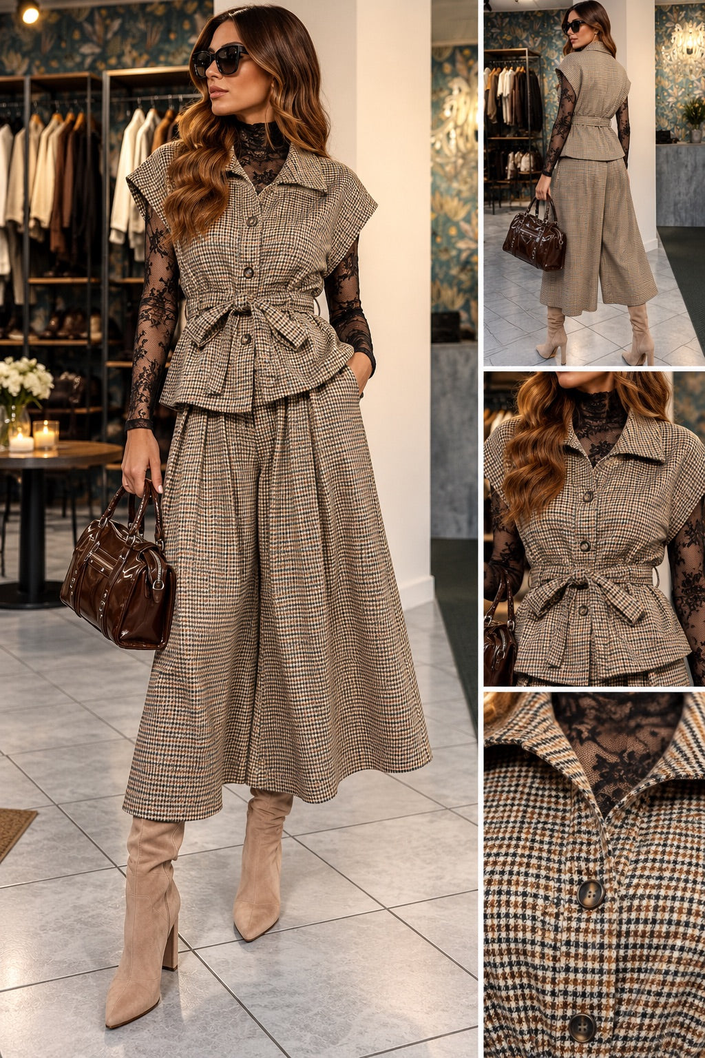 Completo in pied de poule (gilet con fusciacca + bermuda) marrone in taglia unica