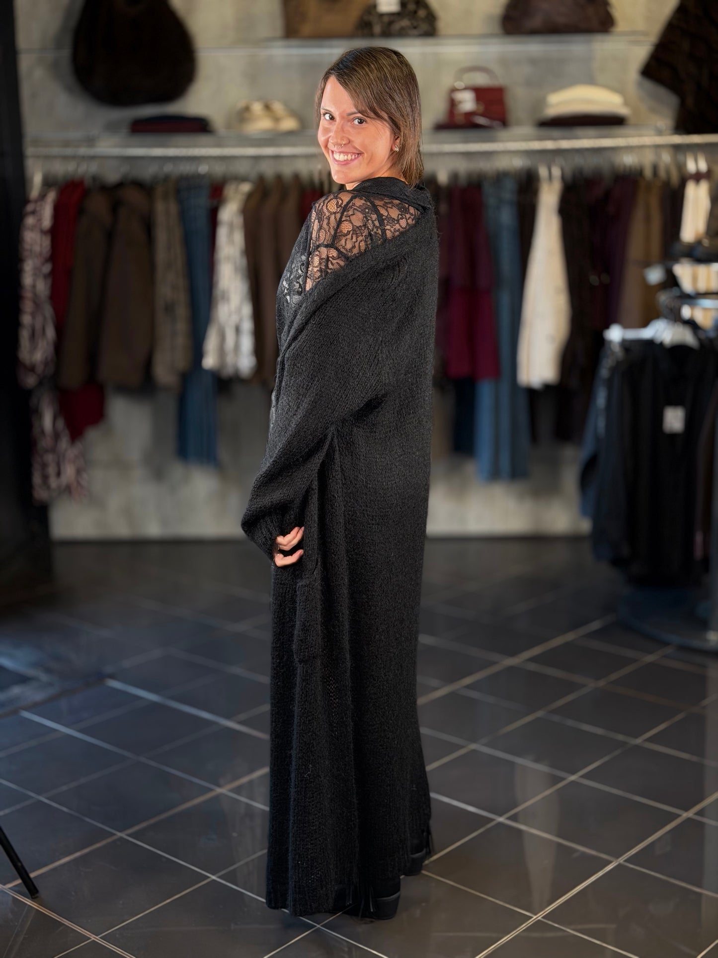 Maxi cardigan nero lungo in taglia unica 2428