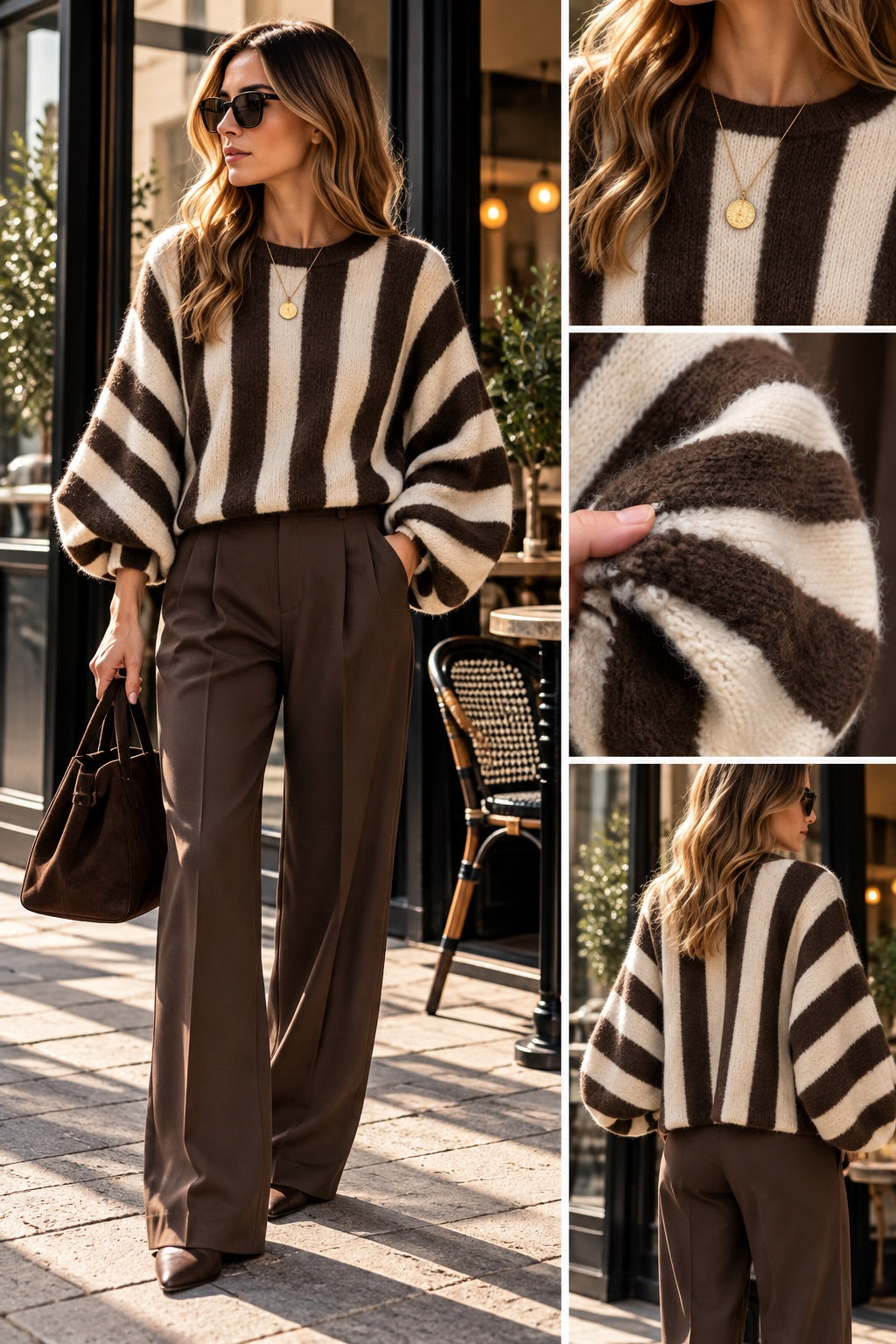 Maglione oversize con maniche ampie a righe marrone e panna in taglia unica