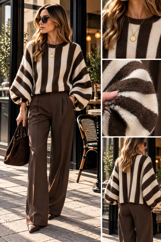 Maglione oversize con maniche ampie a righe marrone e panna in taglia unica