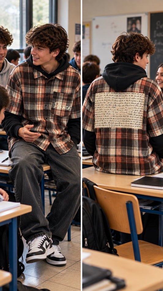 Camicia check arancione e marrone con cappuccio