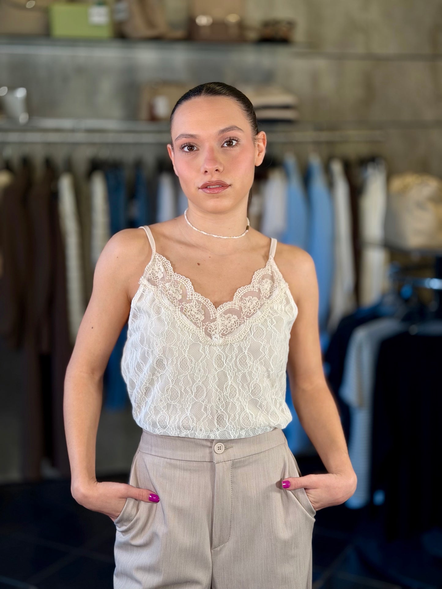 Top in pizzo panna in taglia unica 2172