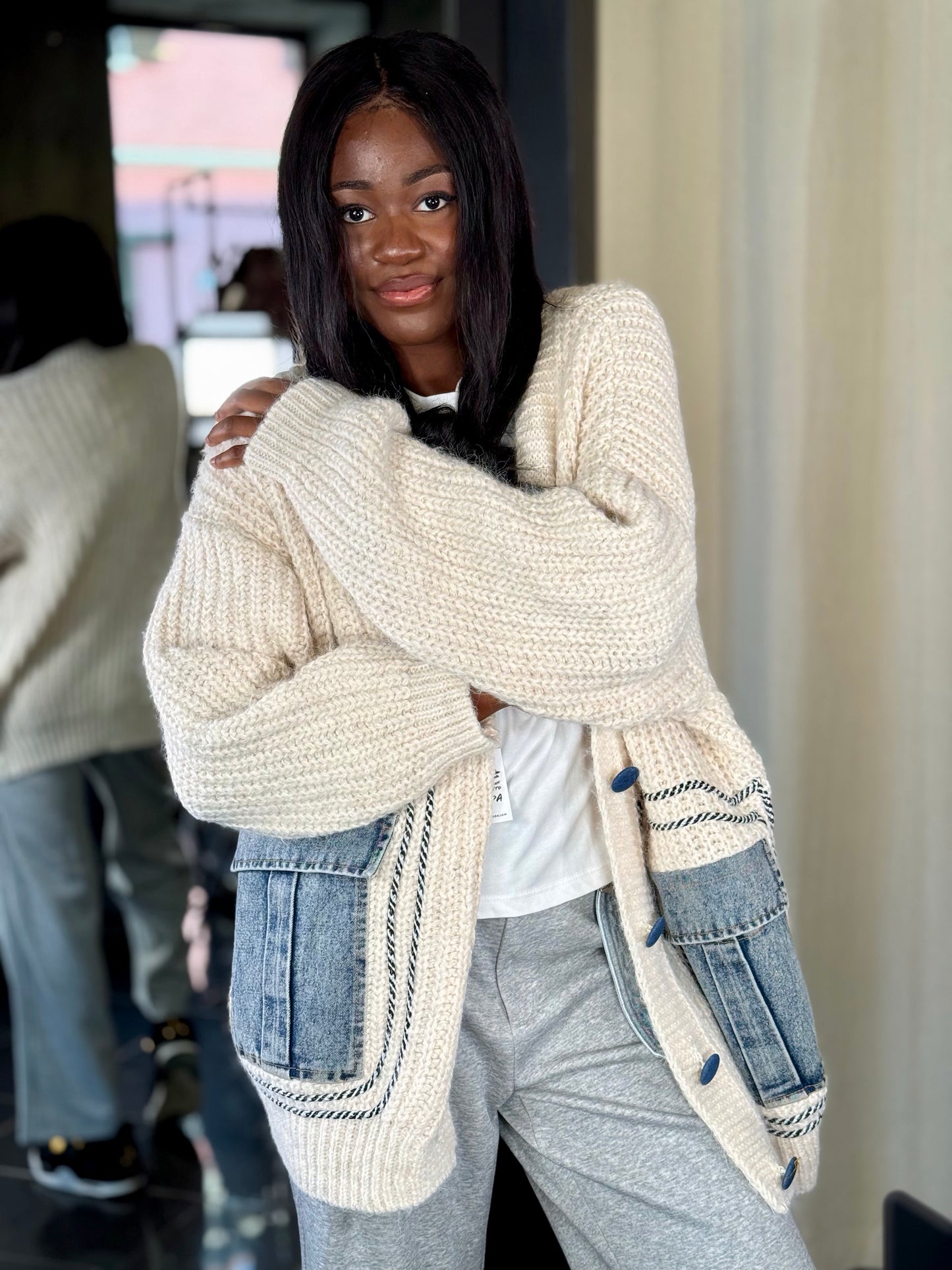 Maxi cardigan oversize panna con tasche in denim in taglia unica 2224