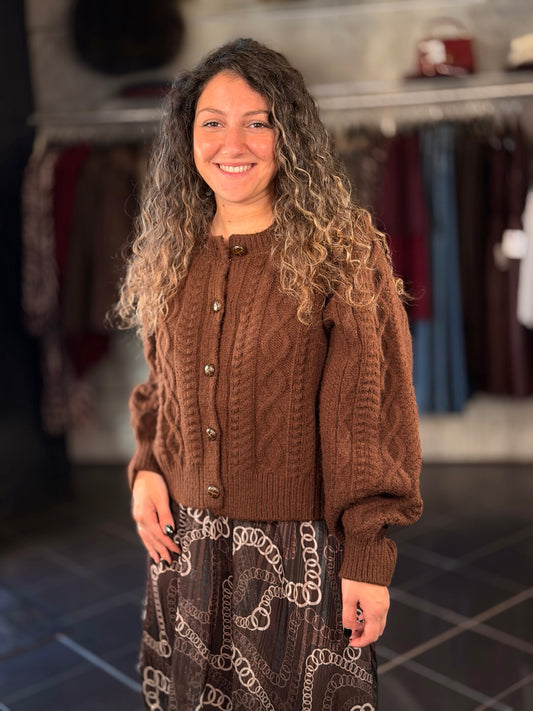Cardigan crop con maniche a sbuffo marrone in taglia unica 2456