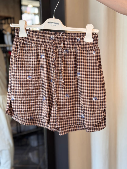 Shorts vichy marrone e fiorellini blu in taglia unica 2921