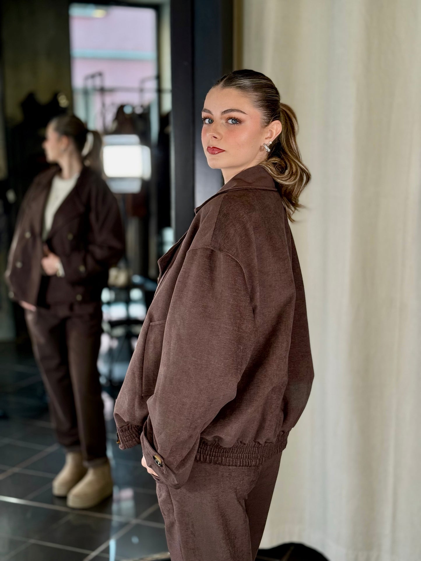 Giacca doppiopetto marrone oversize effetto suede in taglia unica 2190