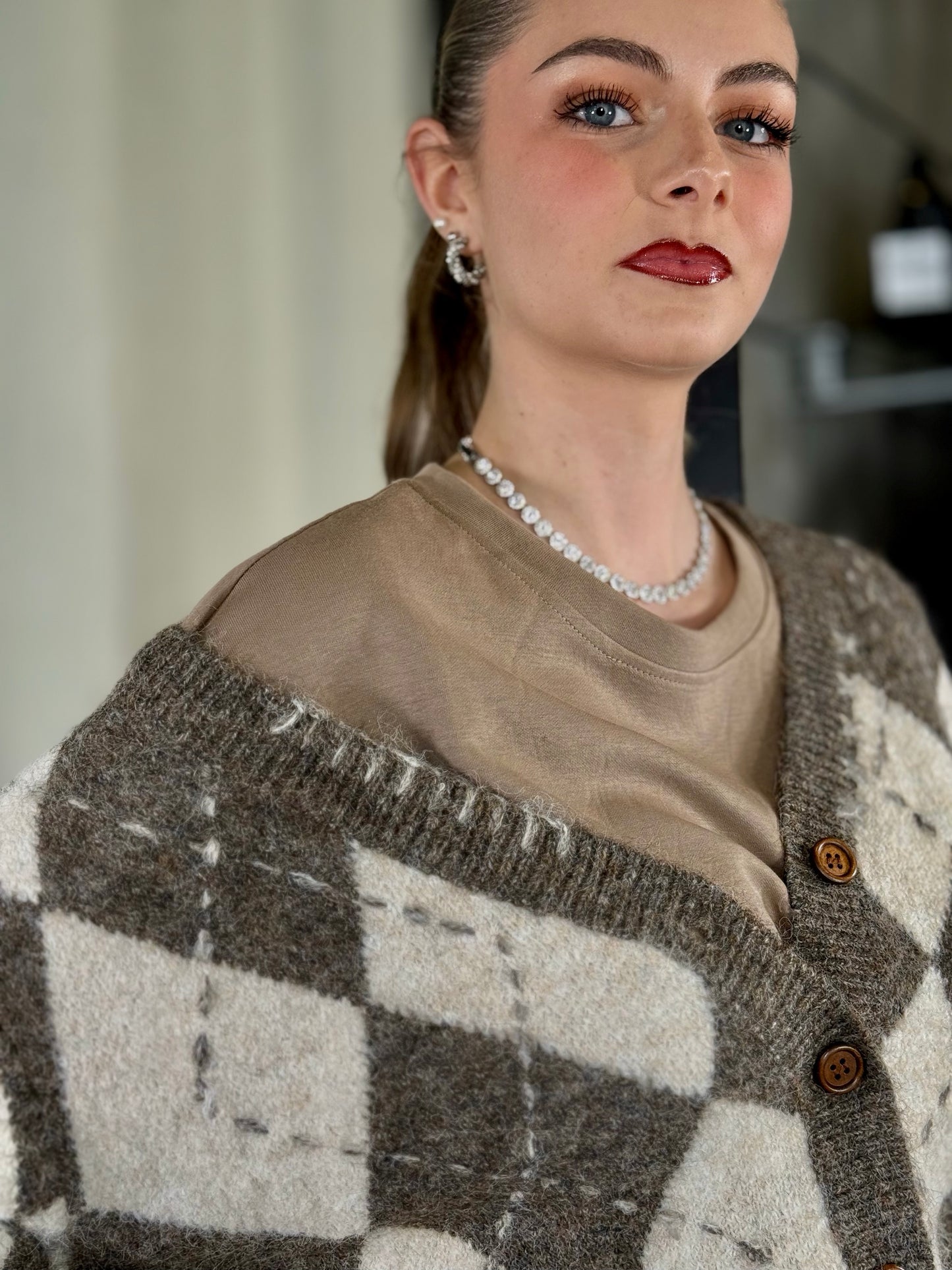 Cardigan con rombi marrone in taglia unica 2255