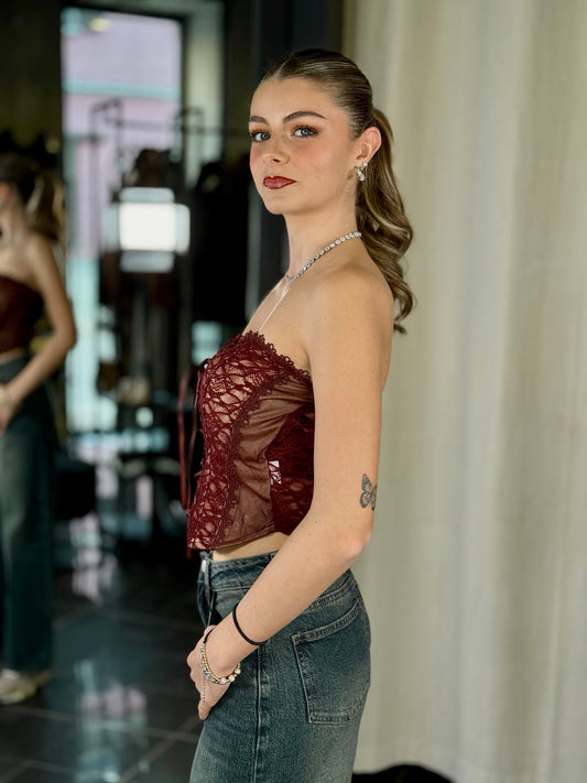 Top a corsetto in pizzo bordeaux in taglia unica 2009