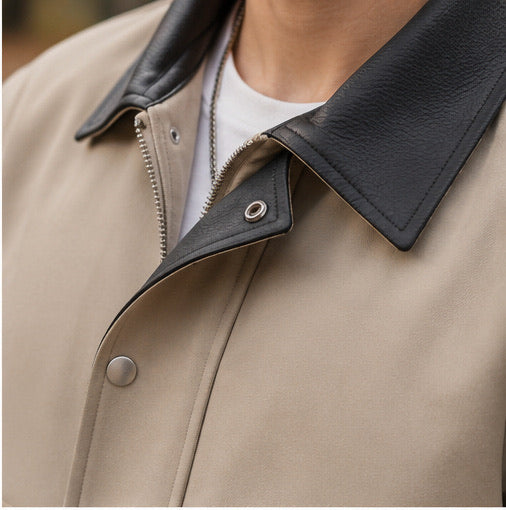 Giubbino in nylon beige con inserti in similpelle marroni