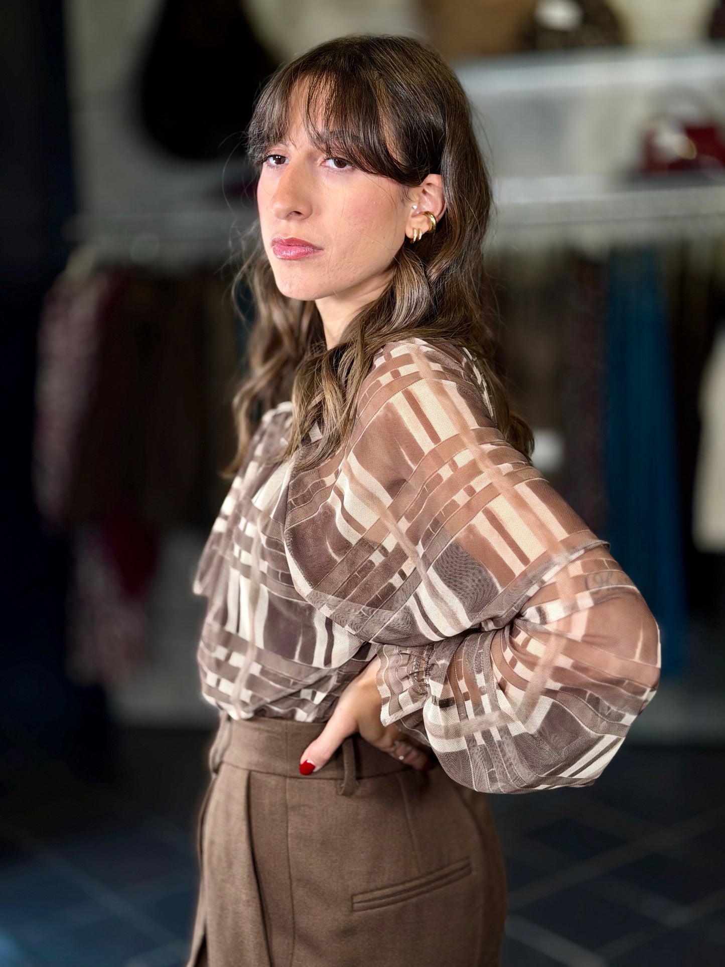 Blusa stampa geometrica marrone e beige in taglia unica 2279