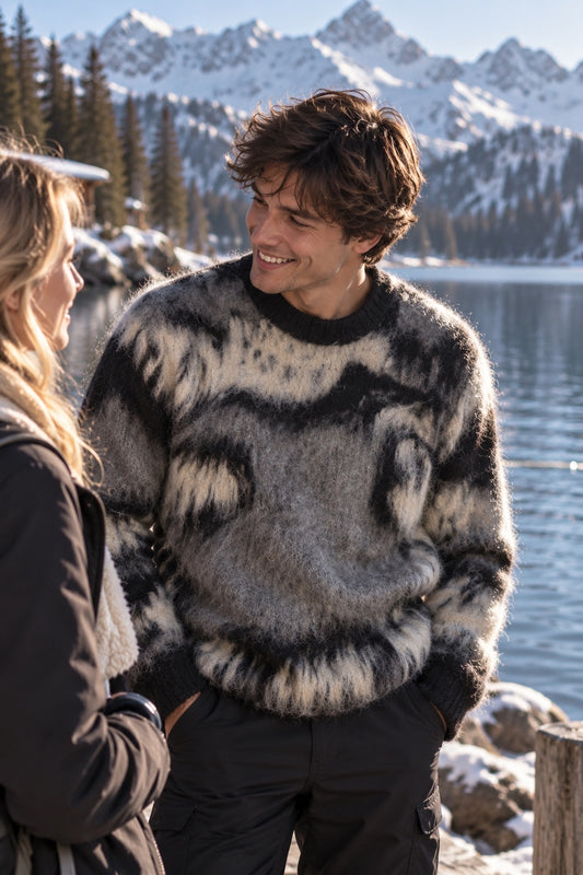 Maglione effetto peluche grigio e nero