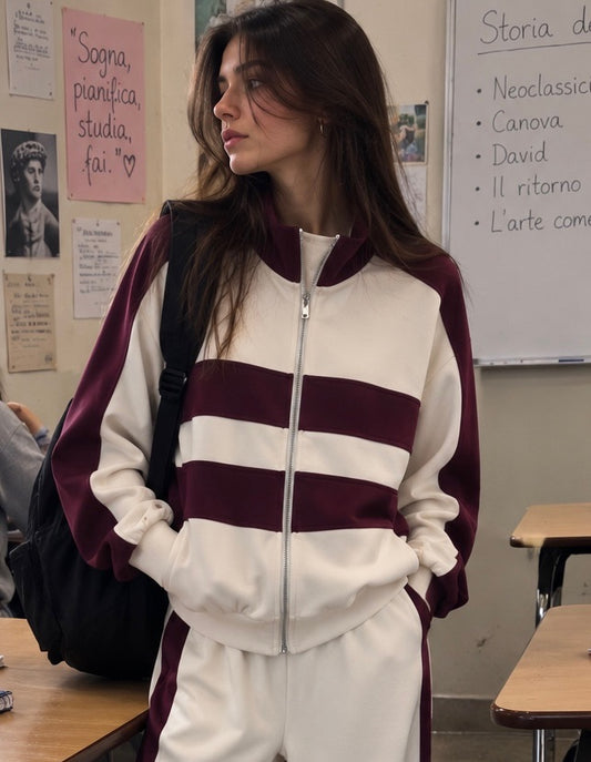 Felpa con zip oversize panna e bordeaux in taglia unica