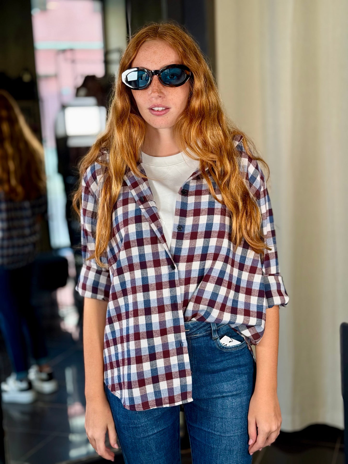 Camicia scozzese Bordeaux blu e panna in taglia unica 2057