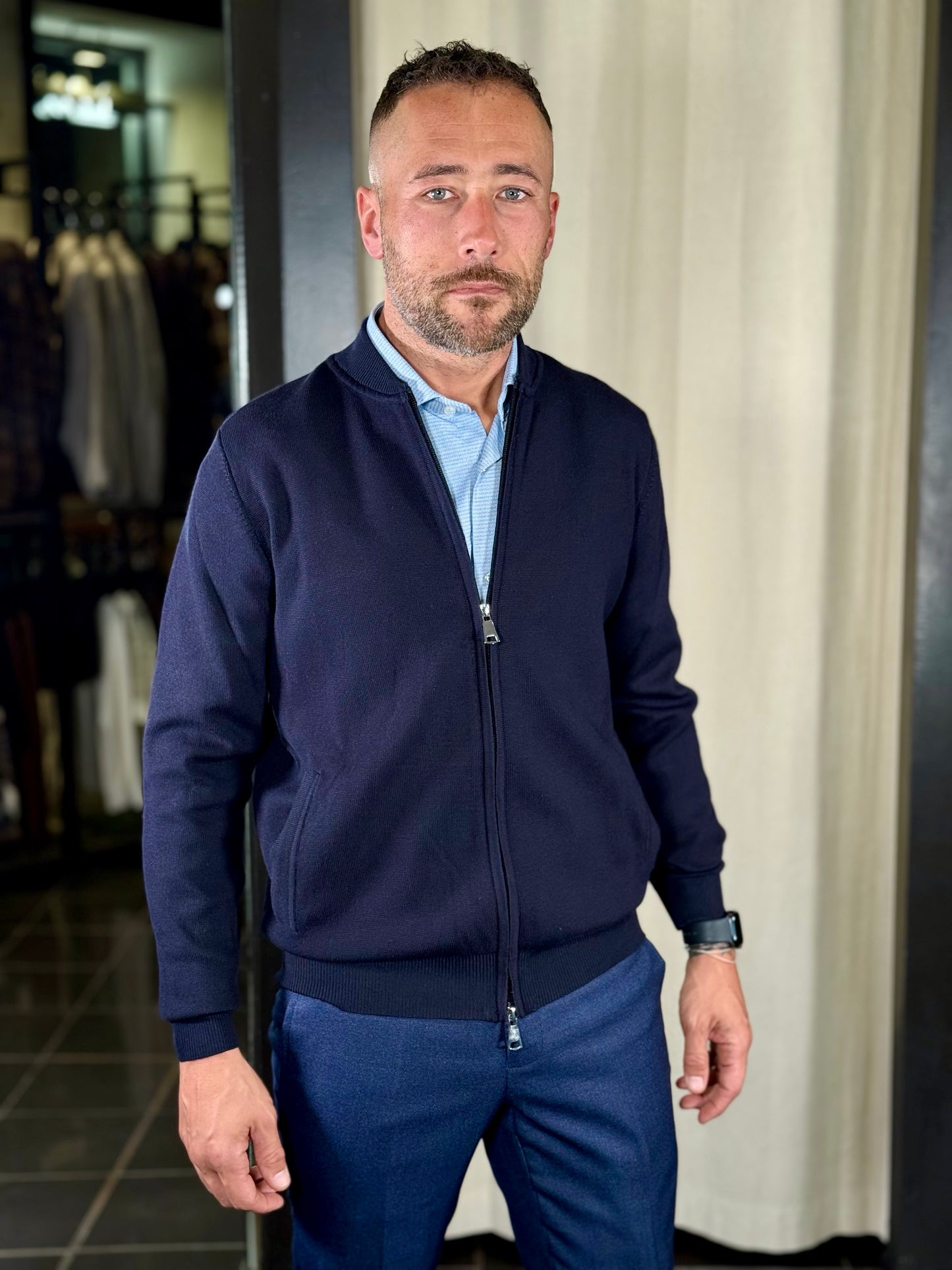 Bomber in maglia con zip blu 2346