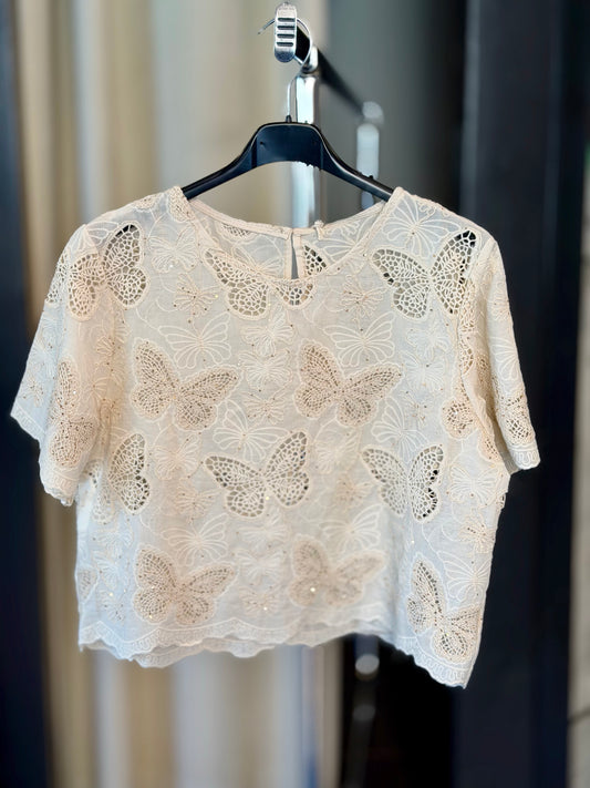 T-shirt in pizzo lavorata con farfalle beige in taglia unica 2396