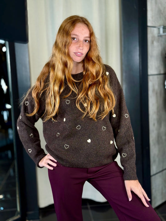Maglione oversize marrone con cuori panna in taglia unica 2196