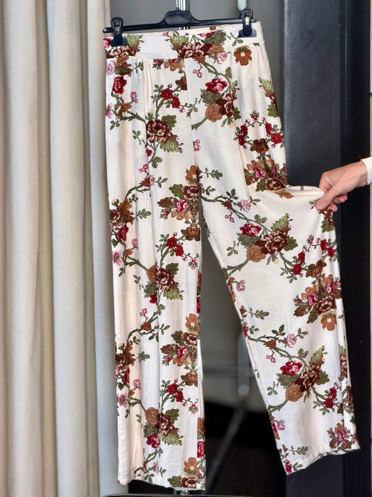Pantalone a palazzo bianco con fantasia fiori in taglia unica 2412