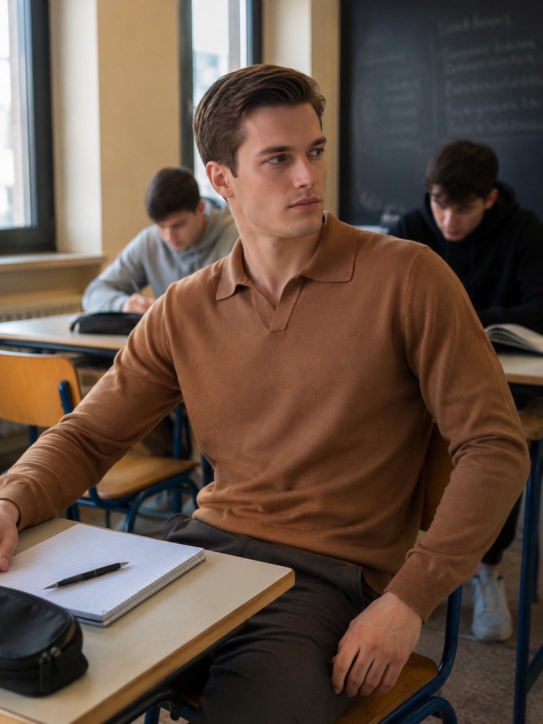 Polo in maglia scollo a V tabacco