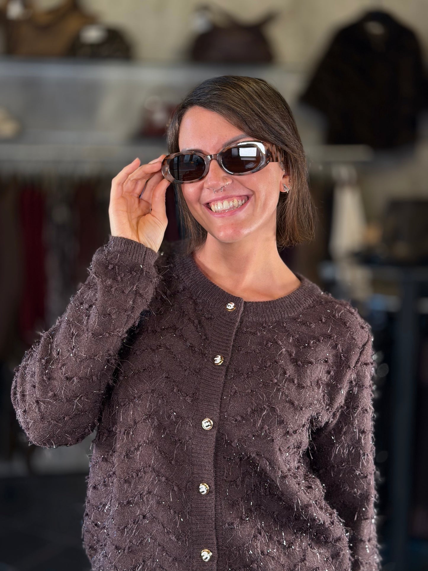 Cardigan marrone con filo lurex in taglia unica 2417