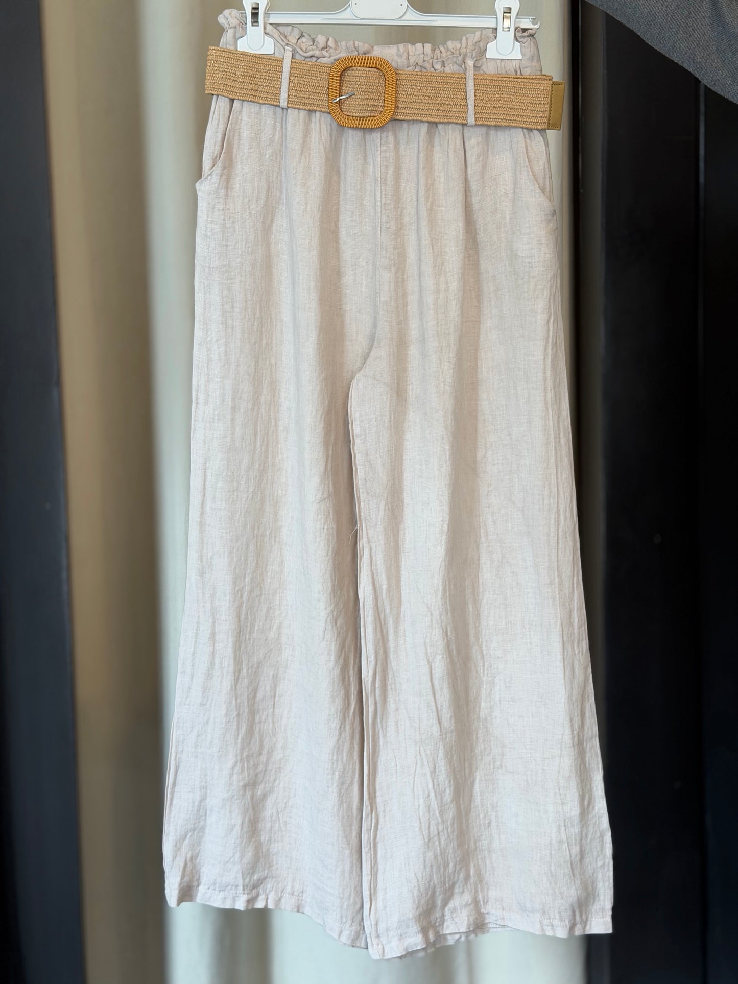 Pantalone in lino sabbia con cintura in taglia unica 2561