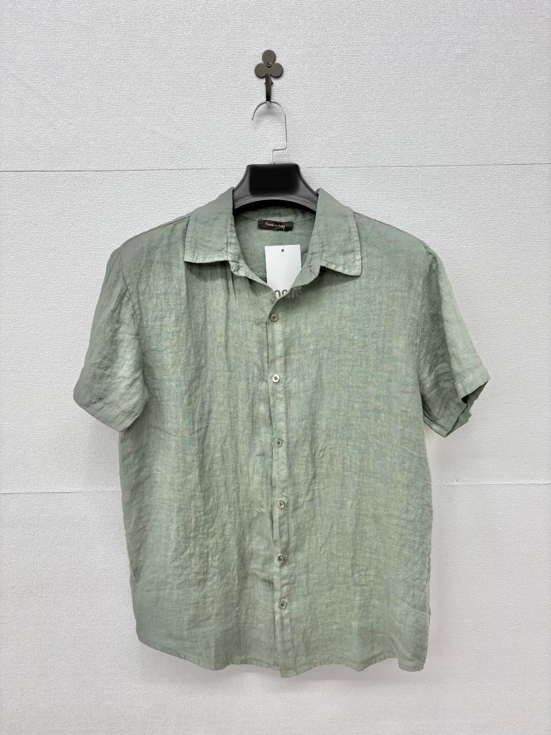 Camicia in lino a maniche corte verde militare 2448