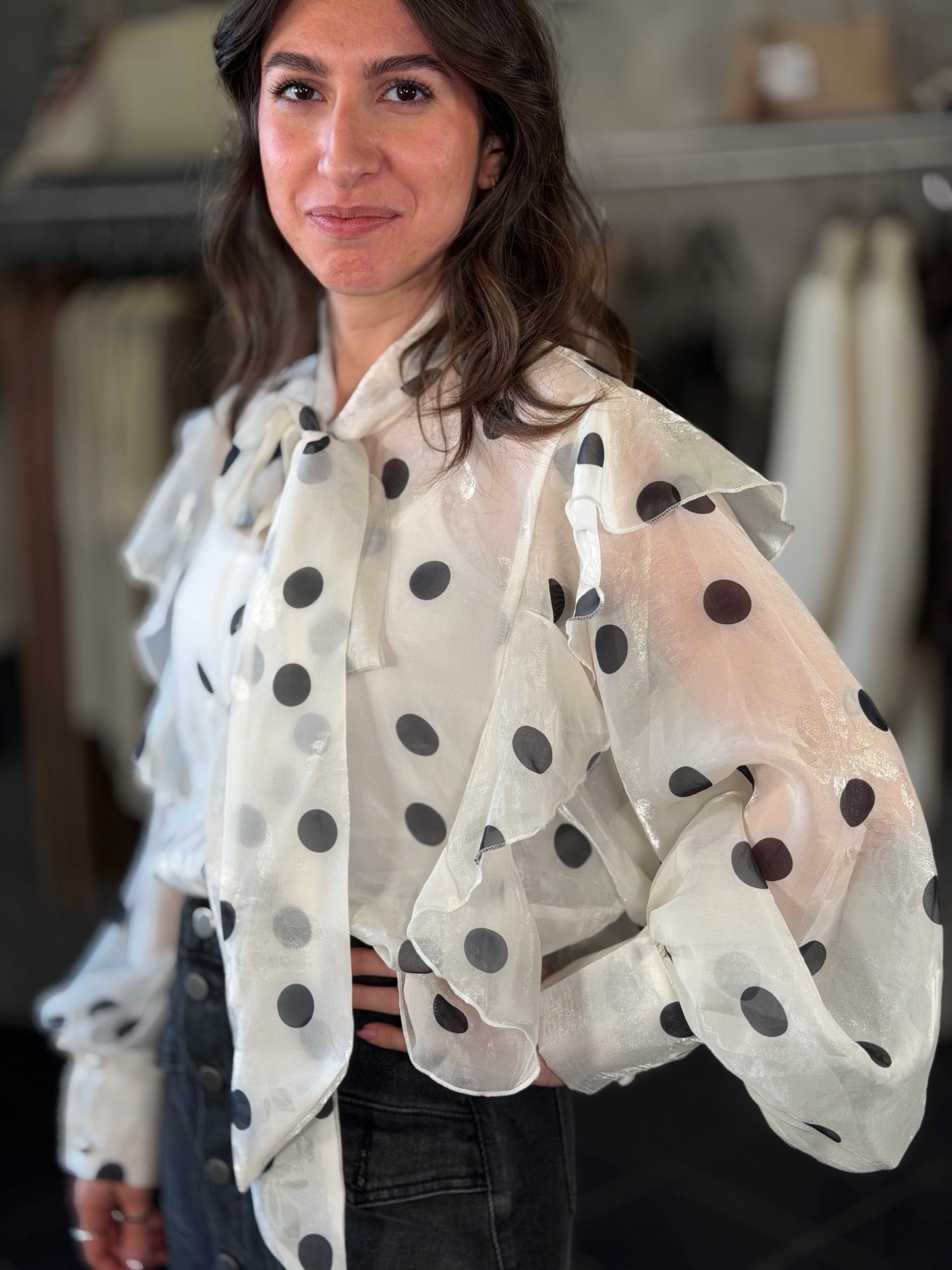 Camicia a pois bianca com fiocco in taglia unica 2244