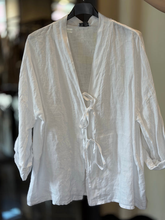 Camicia in Lino coreana bianca con lacci in taglia unica 2856A
