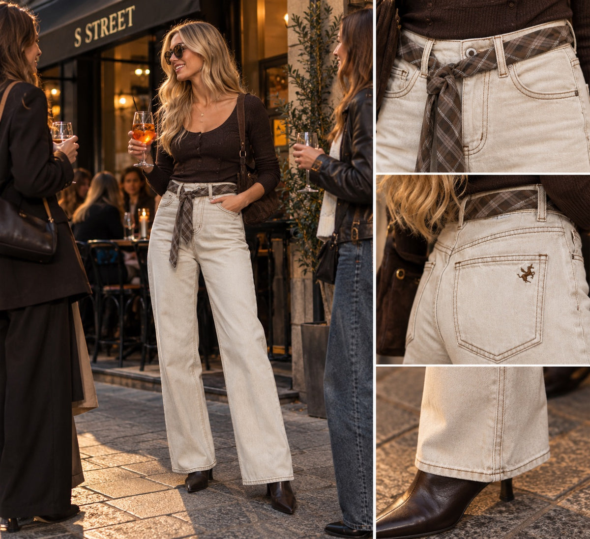 Jeans beige regular fit con cravatta