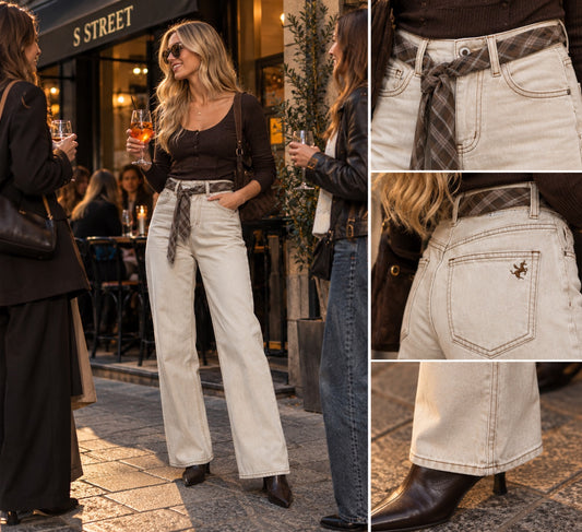 Jeans beige regular fit con cravatta