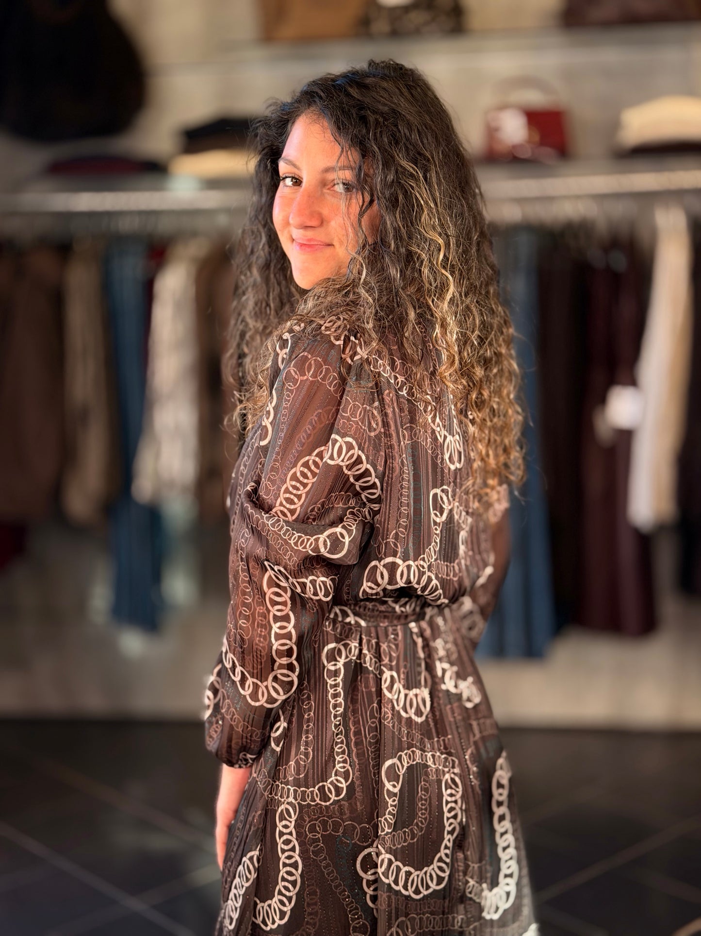 Abito marrone scollo a v e fusciacca con fantasia in taglia unica 2435