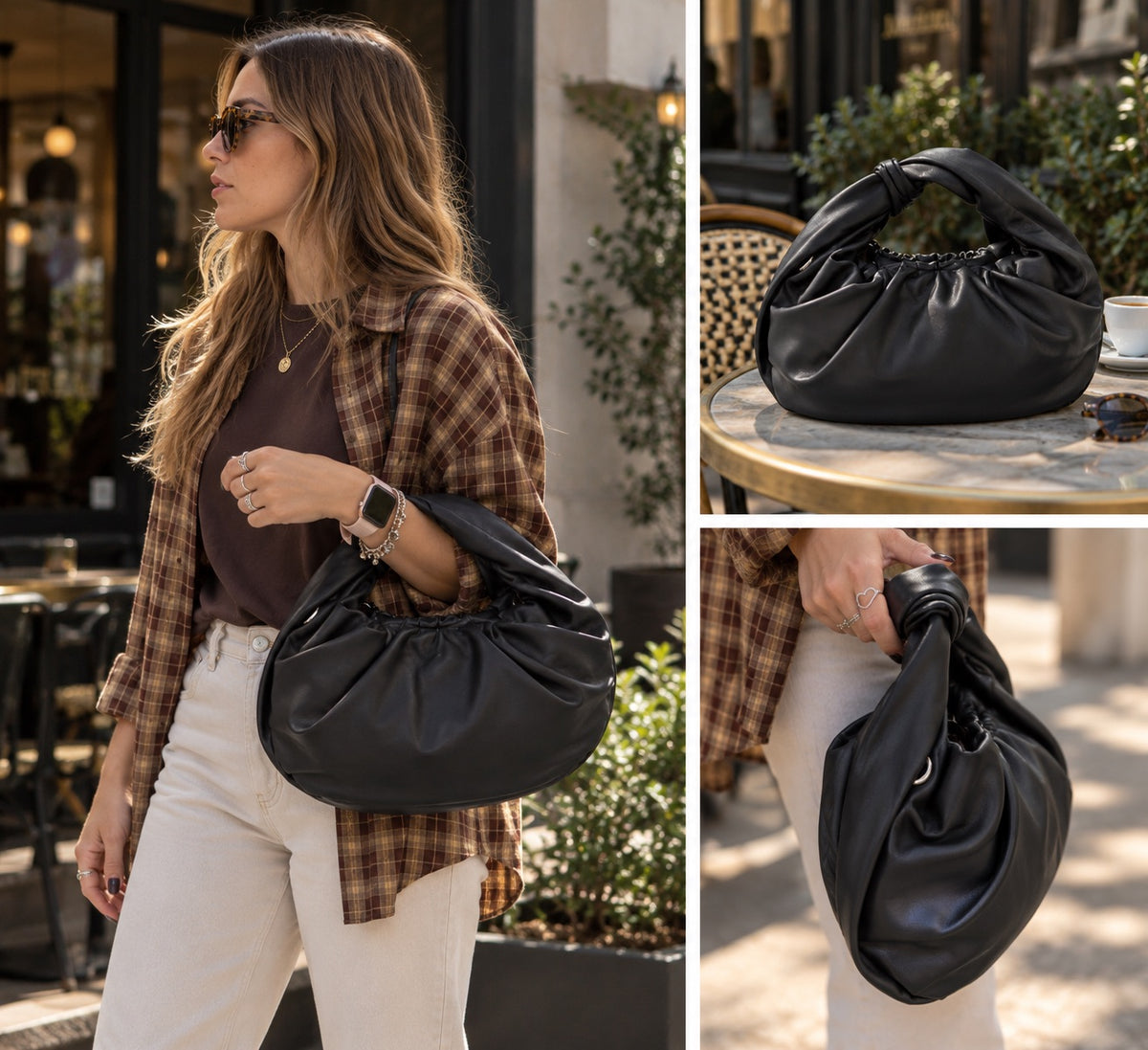Mini bag arricciata nera in similpelle con tracolla all’interno