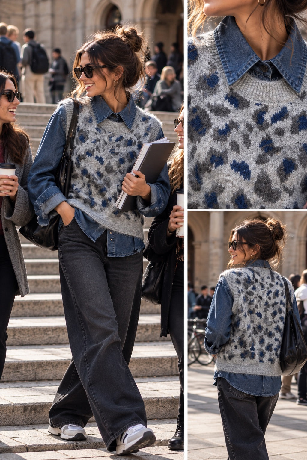 Gilet grigio leopardato con camicia in denim in taglia unica