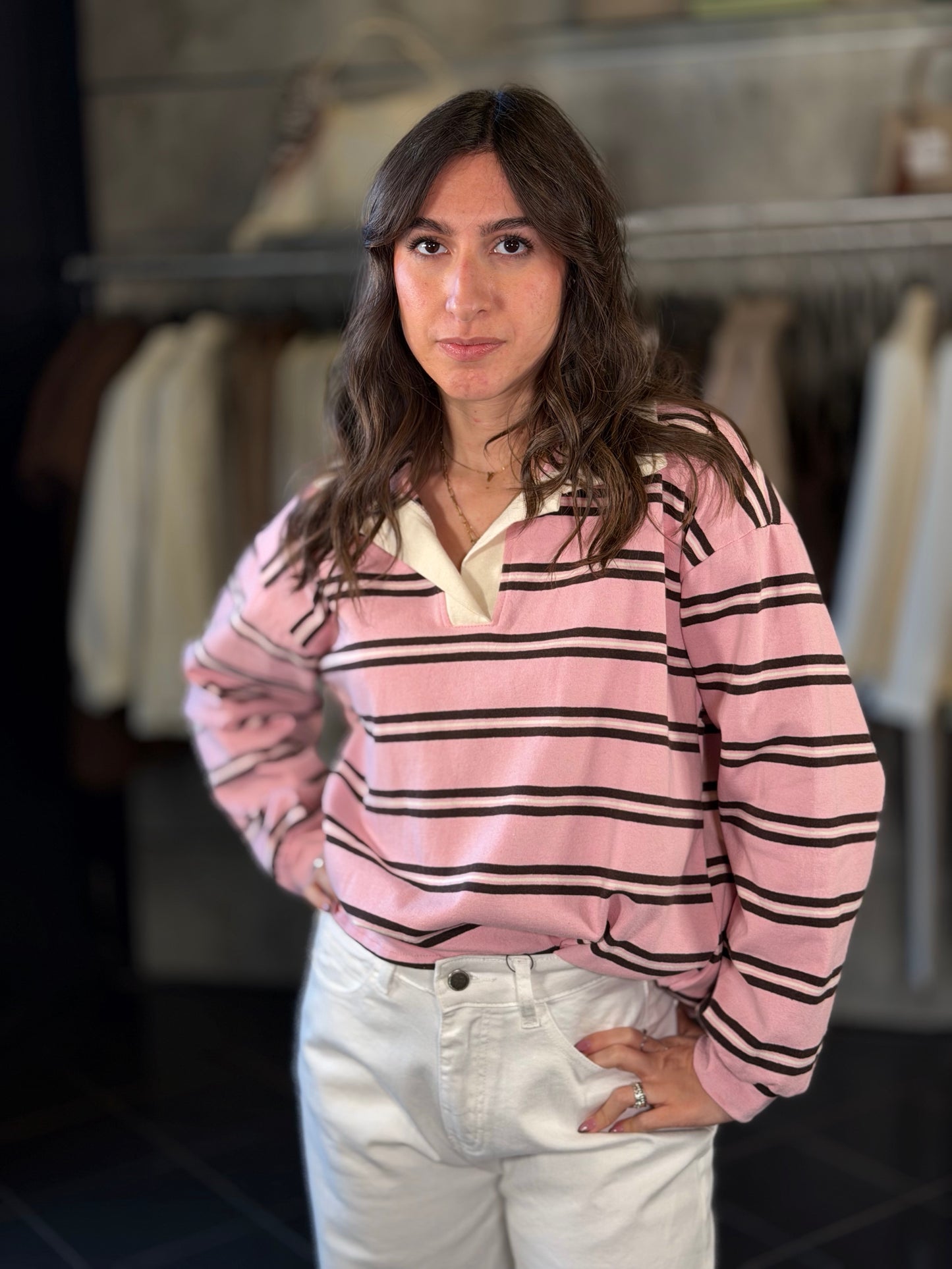 Polo a maniche lunghe rosa con riga marrone in taglia unica 2245