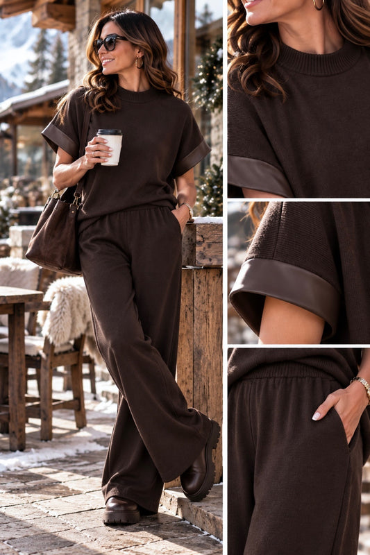 Completo maglione e pantalone in maglia con inserto in similpelle marrone in taglia unica